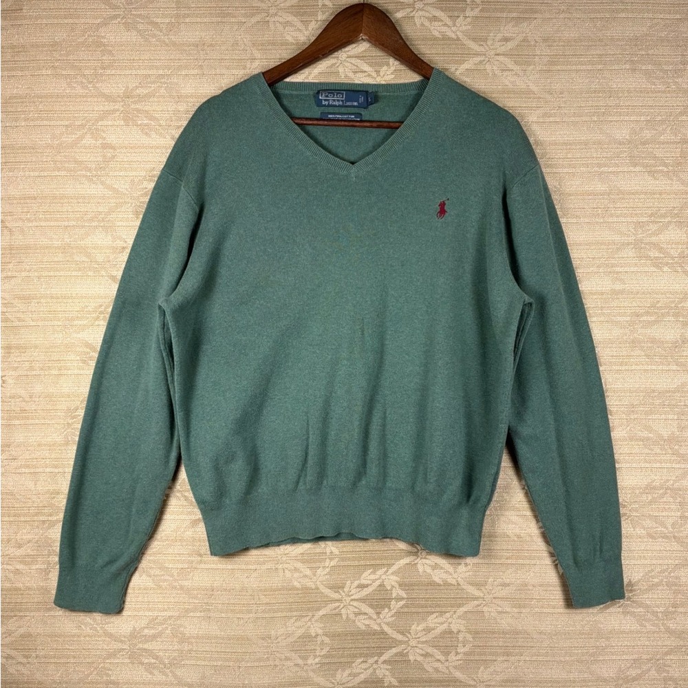 Polo Ralph Lauren V-Neck Sweater Mens Large Green Excellent Pima Cotton
